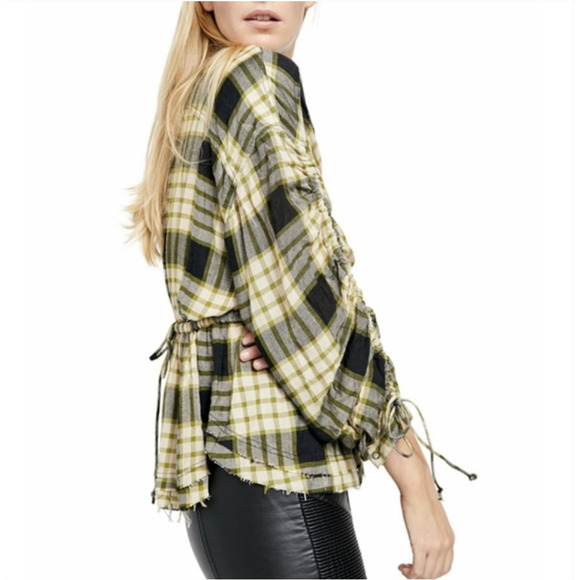 NWT Free People Green Wool Blend Pacific Dawn Plaid Ruched Peplum Raw Hem Blouse - Picture 6 of 15